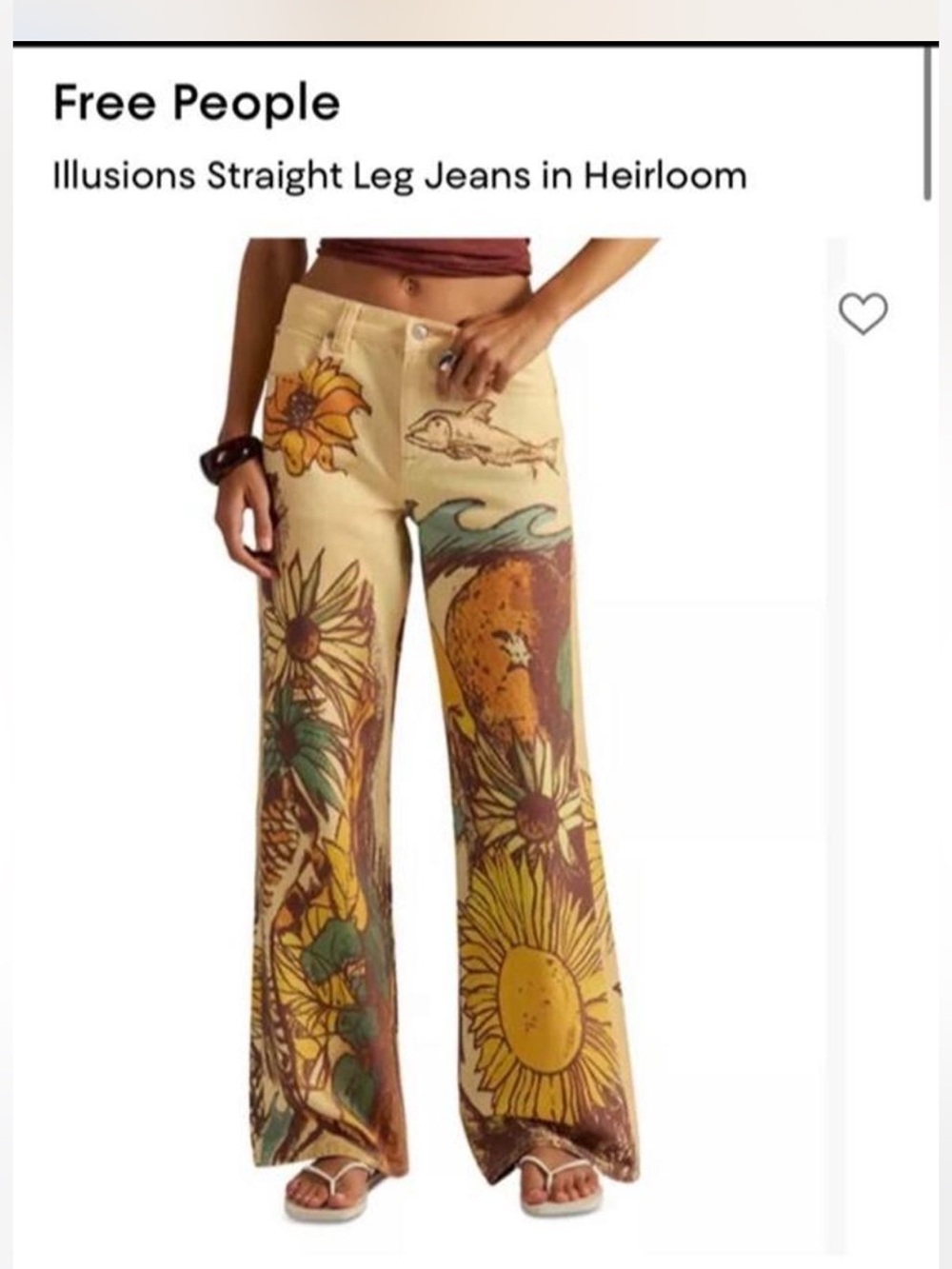 Free People Wide Leg Floral Print Jeans in Cream, Yellow, Green